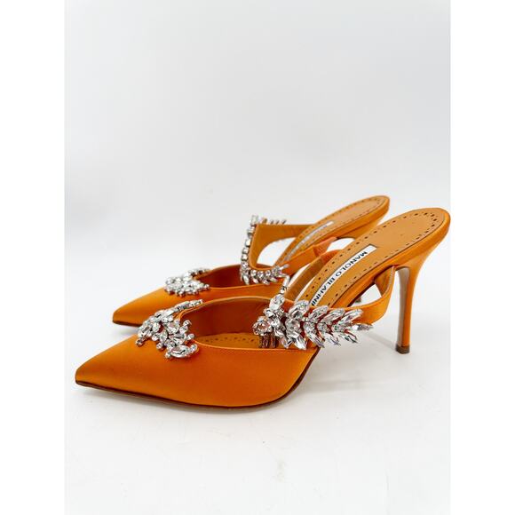 Manolo Blahnik Orange Satin Crystal Embellished 90 Mules 39.5 - Picture 10 of 10